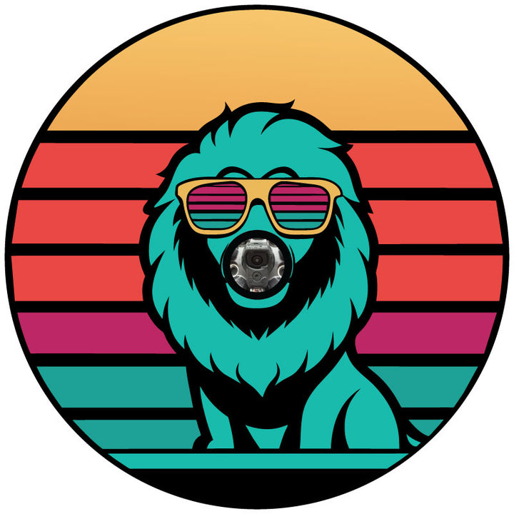 Retro multicolor striped background and a lion graphic wearing sunglasses - spare tire cover design mockup for a black vinyl cover and a backup camera