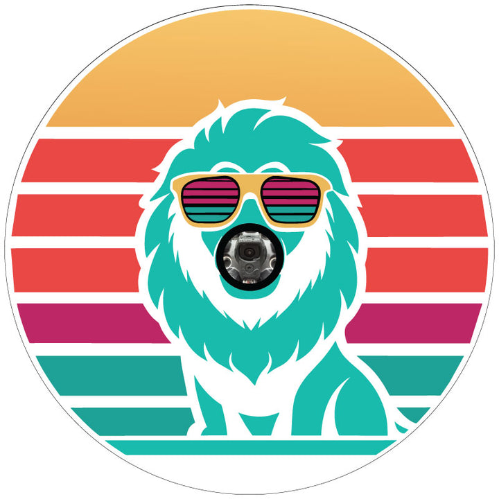 Retro multicolor striped background and a lion graphic wearing sunglasses - spare tire cover design mockup for a white vinyl cover and a backup camera