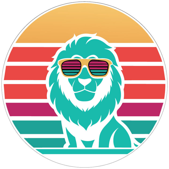 Retro multicolor striped background and a lion graphic wearing sunglasses - spare tire cover design mockup for a white vinyl cover