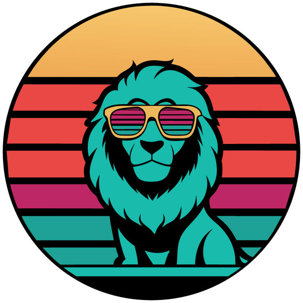 Retro multicolor striped background and a lion graphic wearing sunglasses - spare tire cover design mockup