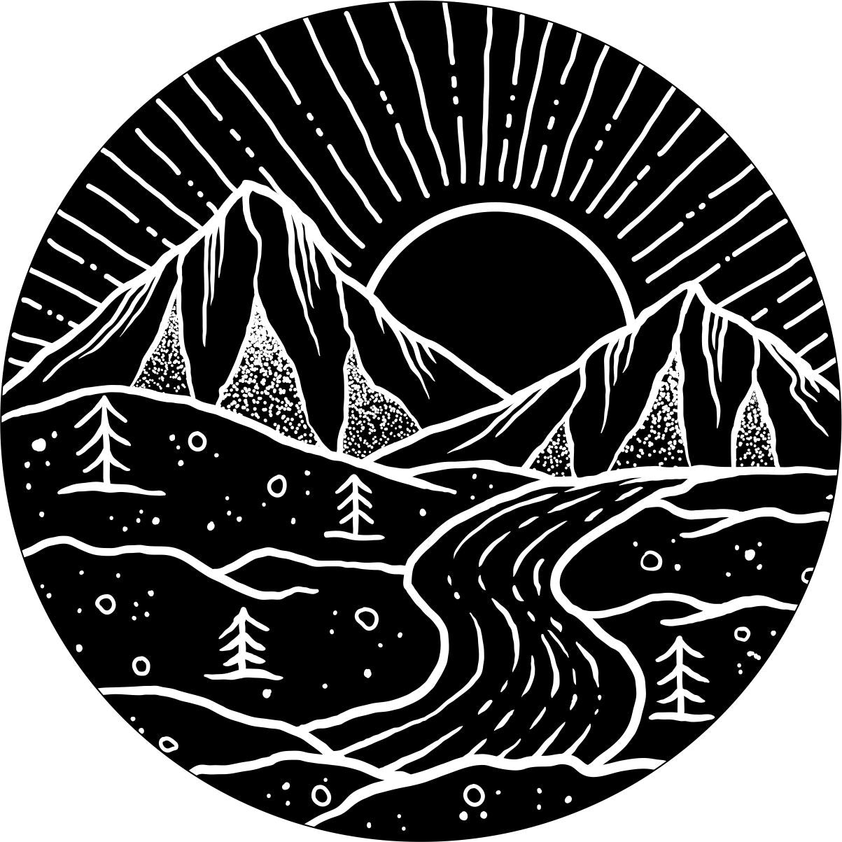 Spare tire cover design of mountains, flowing river, forest, and the sun setting covering the entire sky. Design covers seam to seam.