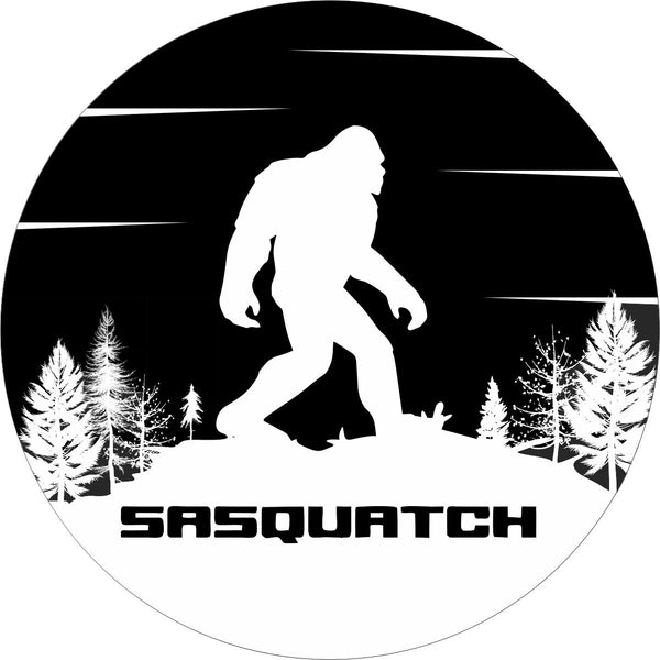 Sasquatch Bigfoot Mountain and Tree Silhouette Spare Tire Cover for Jeep, Bronco, RV, Camper, Trailer, & More