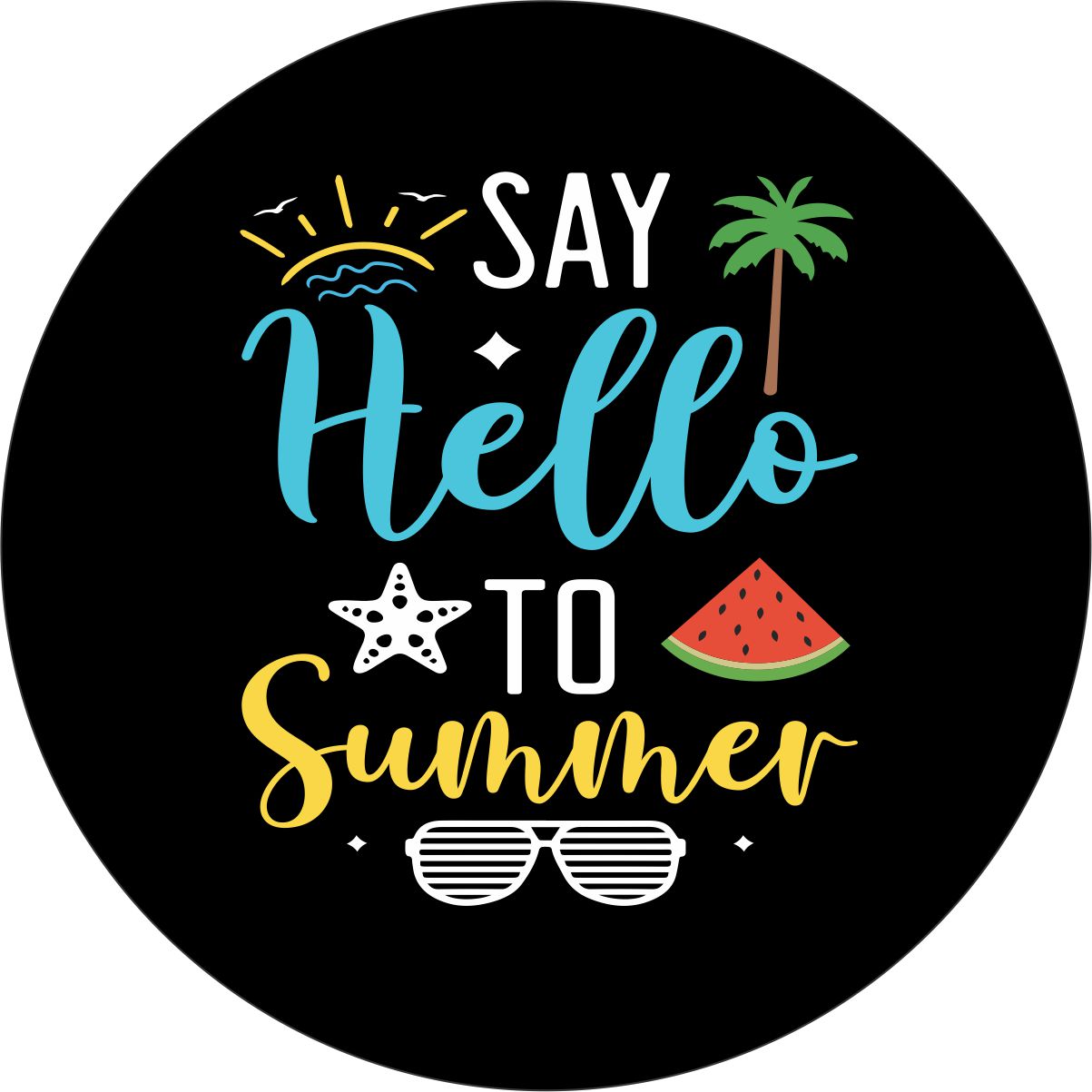 A black vinyl spare tire cover mockup design that says "say hello to summer" with cute different graphics of a sun, palm tree, watermelon, sunglasses, and a starfish.