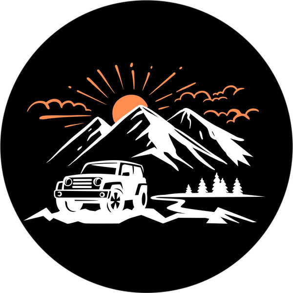 SUV in the Mountains with Sunset Spare Tire Cover for Jeep, Bronco, Campers, RV, Vans, & More