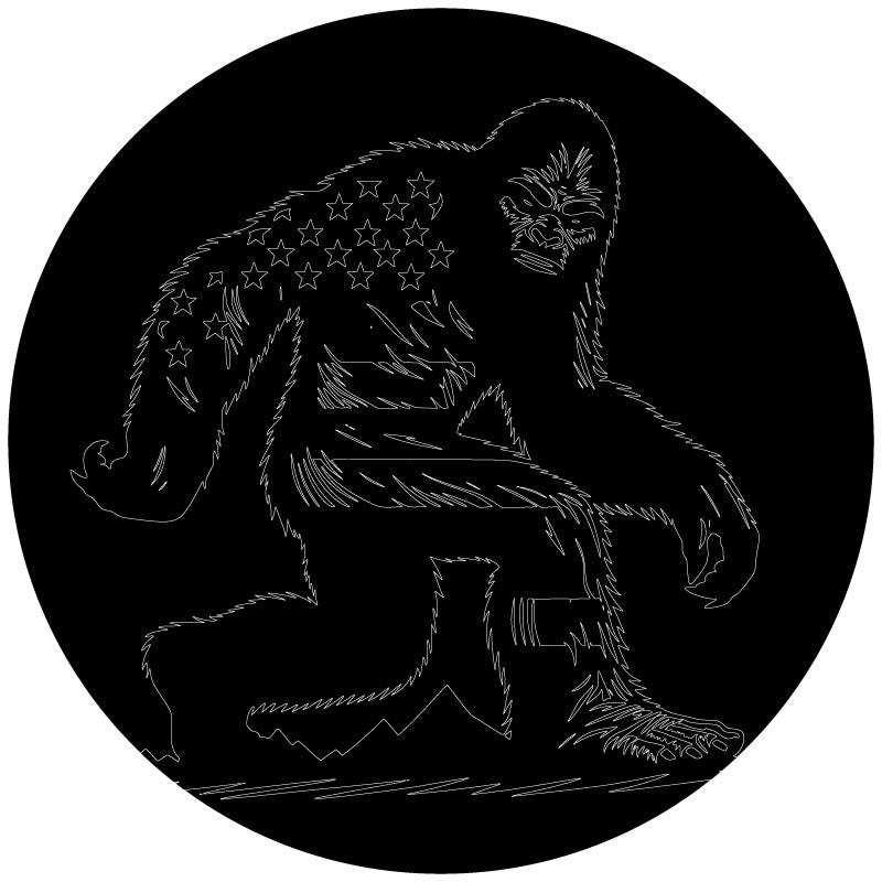 An outline sketch of a fierce looking sasquatch bigfoot spare tire cover design with the American flag drawn into the design to look a part of the body. 