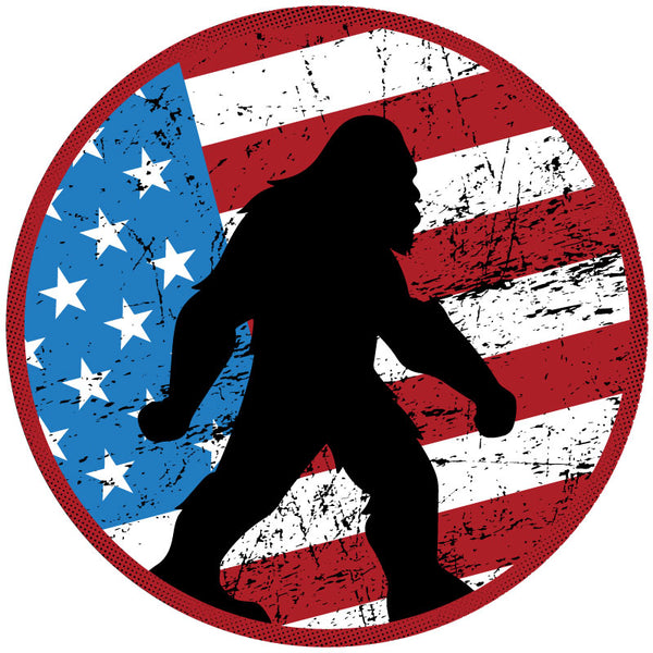 Spare tire cover design displaying a tactical American flag background and a silhouette of sasquatch walking.