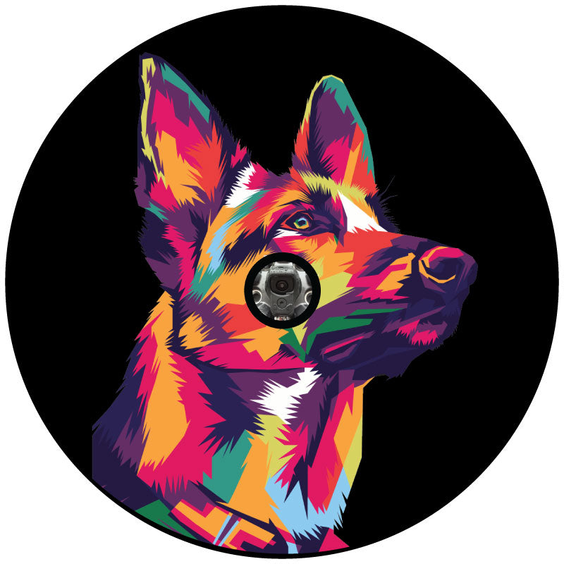 A multicolor pop art design of a portrait of a German Shepherd or Belgian Malinois on a black circle and a center hole for a backup camera to display a mockup of a spare tire cover for a Jeep, Bronco, RV, Van, or other vehicles with exterior spare wheels.