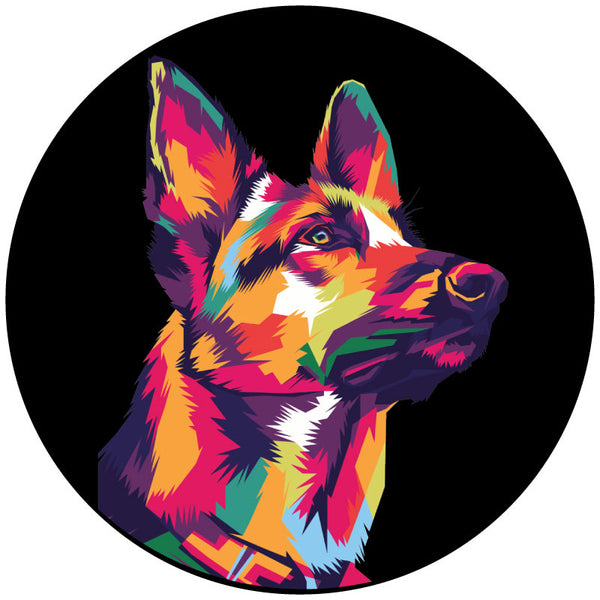 A multicolor pop art design of a portrait of a German Shepherd or Belgian Malinois on a black circle to display a mock up of a spare tire cover for a Jeep, Bronco, RV, Van, or other vehicles with exterior spare wheels.