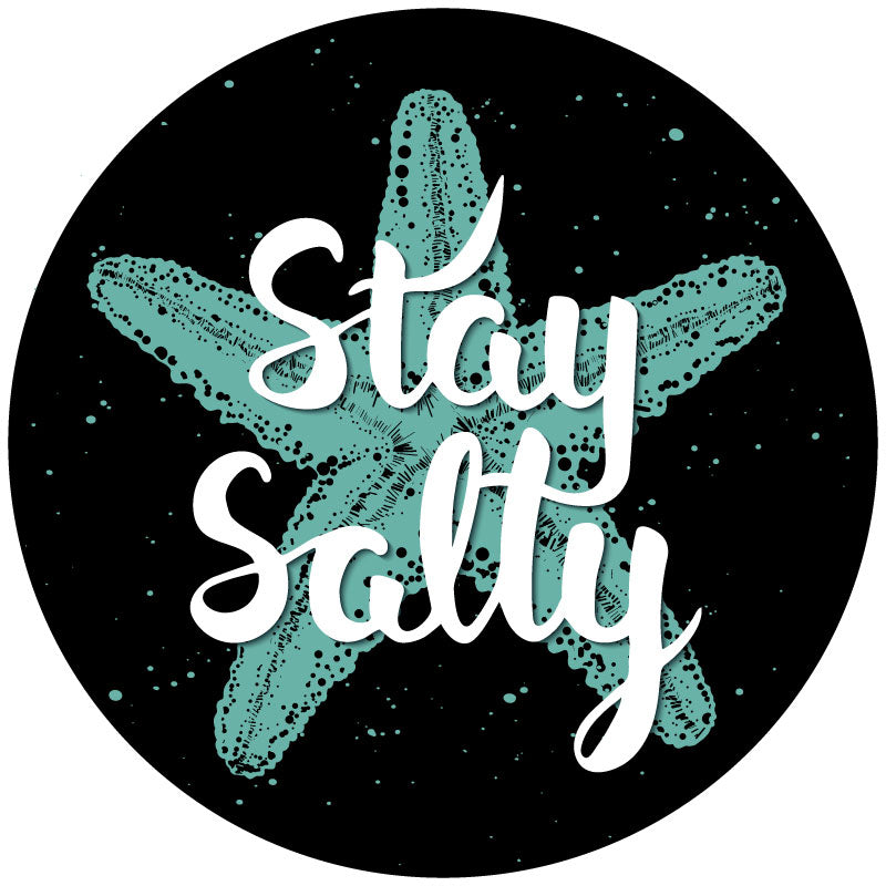 Spare tire cover design of a turquoise starfish and script that says stay salty