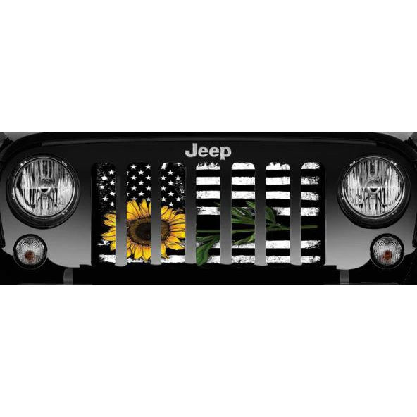 Close up view of a Rustic tactical American flag with a sunflower stretched across Jeep grille insert design mockup on a black Jeep Wrangler