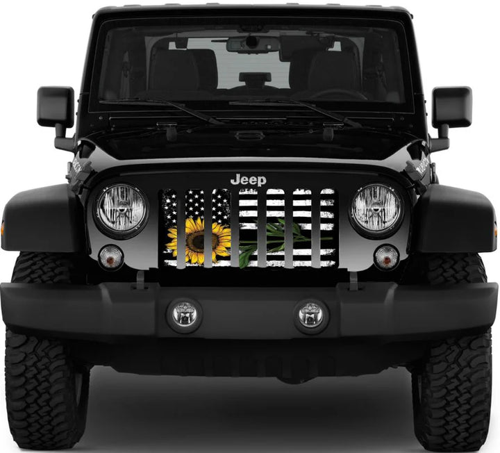 Rustic tactical American flag with a sunflower stretched across Jeep grille insert design mockup on a black Jeep Wrangler