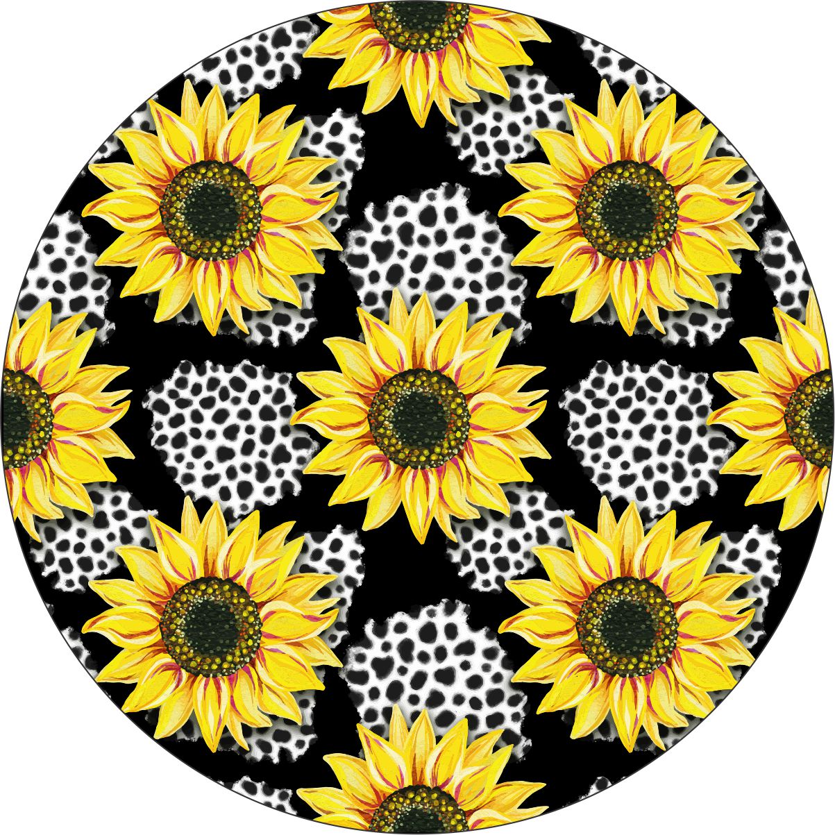 Black vinyl spare tire cover design with sunflower and leopard print.
