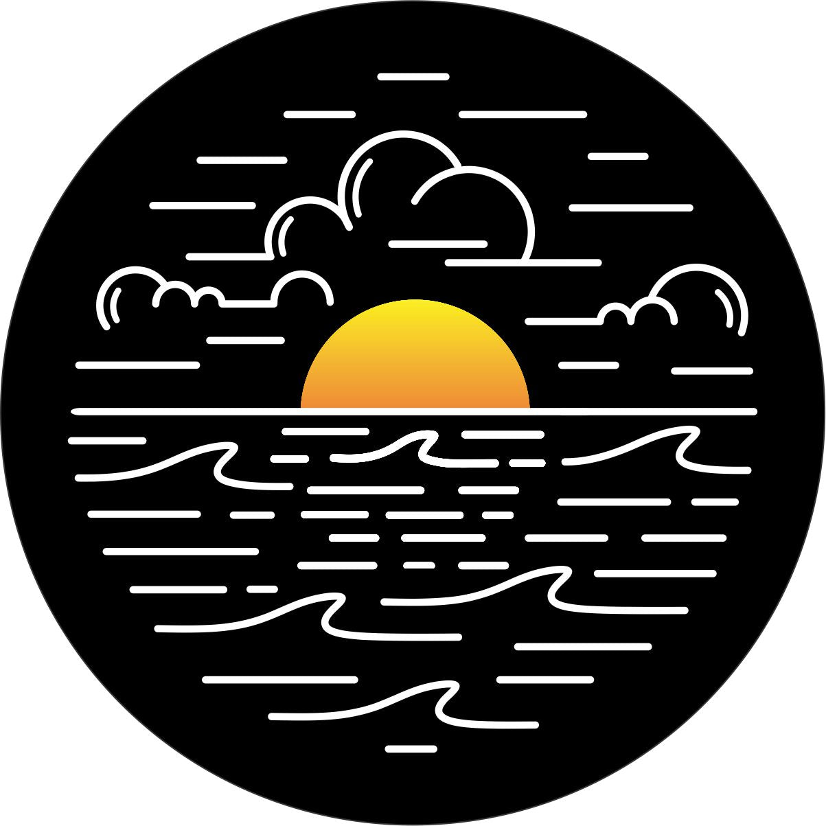 White line art landscape on black vinyl design of the water ocean and sky with a bright orange and yellow sun falling on the horizon spare tire cover.