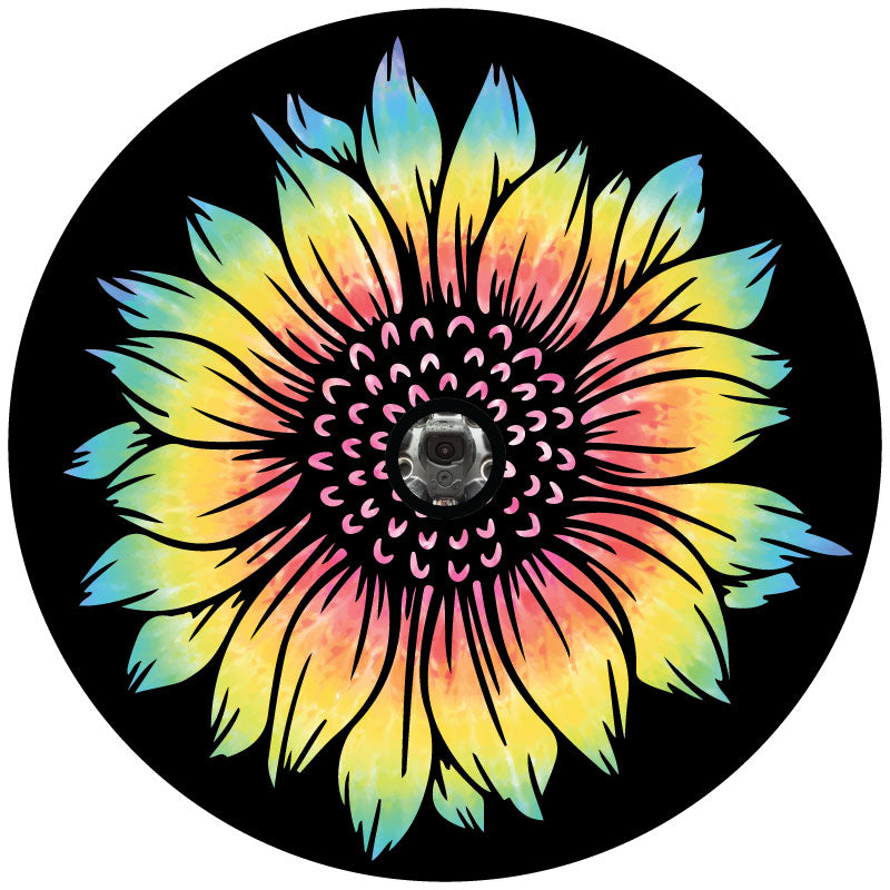 Black vinyl spare tire cover design of a tie dye sunflower for Jeeps, Broncos, RV, campers, vans, trailers, and more with a hole for a back up camera