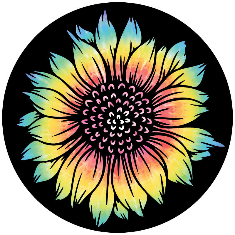 Black vinyl spare tire cover design of a tie dye sunflower for Jeeps, Broncos, RV, campers, vans, trailers, and more