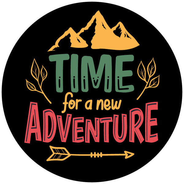 Green, mustard, and red colored design for a spare tire cover that says time for a new adventure. 