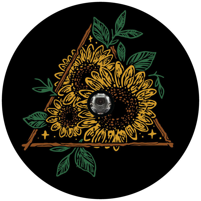 spare tire cover design of three hand drawn sunflowers in a triangle with green leaves and a hole for a backup camera.