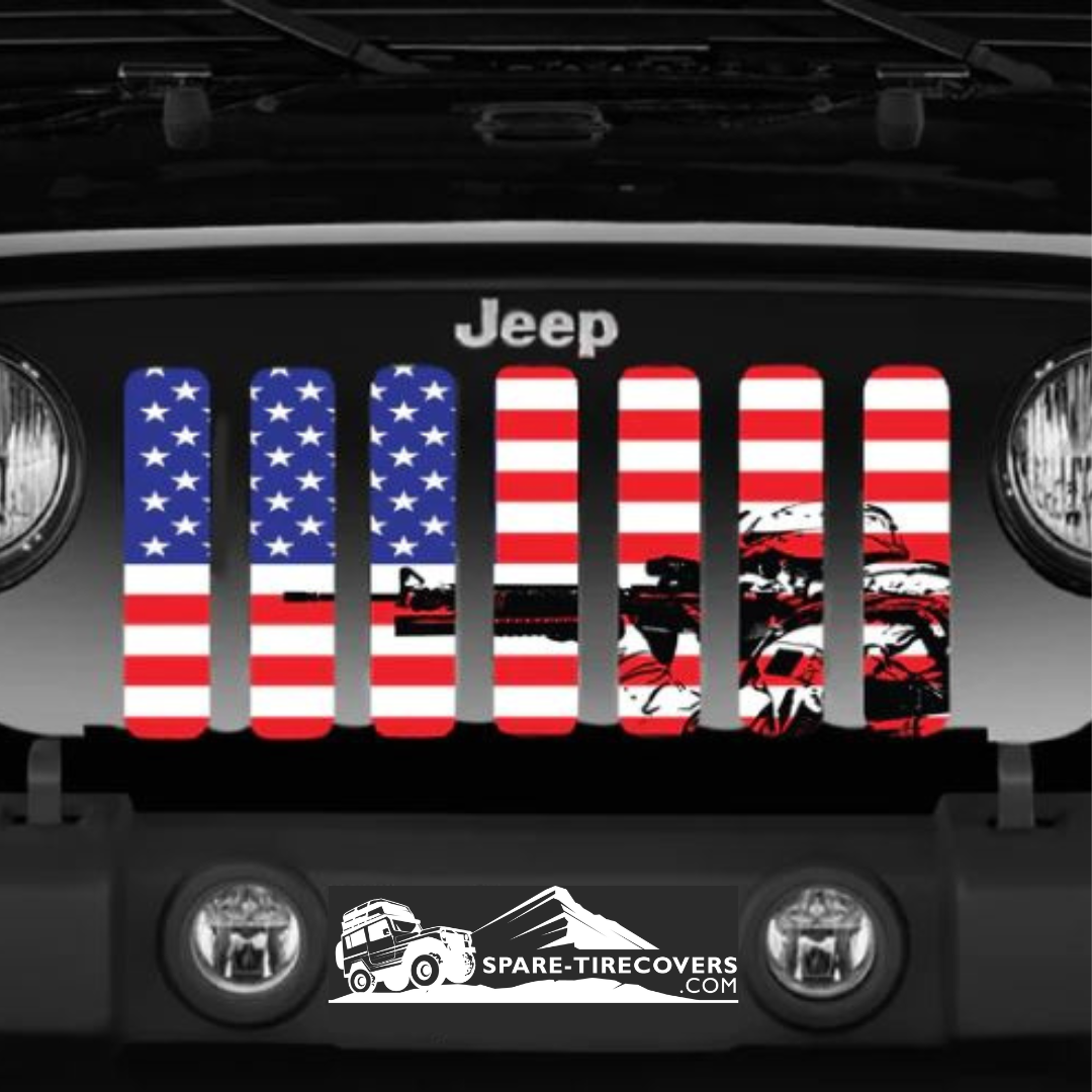 A close up view of a Jeep grille insert mock up of an American flag in red, white, and blue with the silhouette of an American soldier pointing their rifle in full tactical gear including helmet.