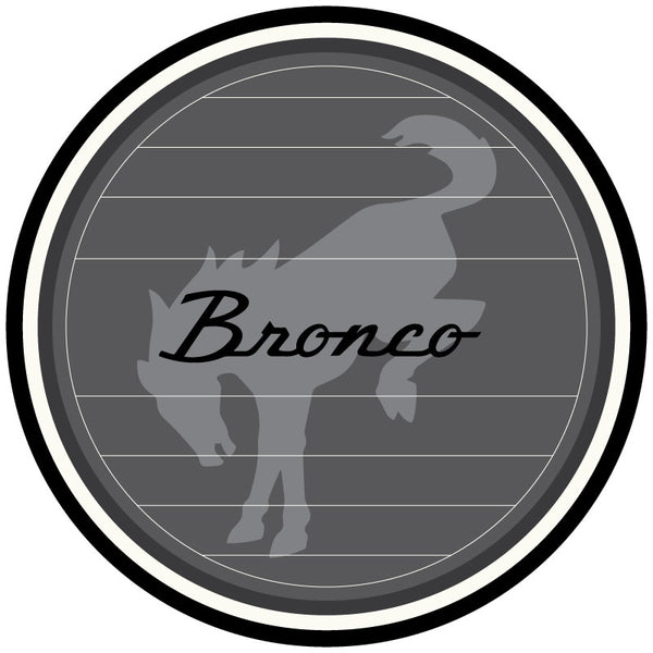 Gray, black, and white vintage Ford Bronco spare tire cover design with Bronco watermark and the Bronco vintage logo