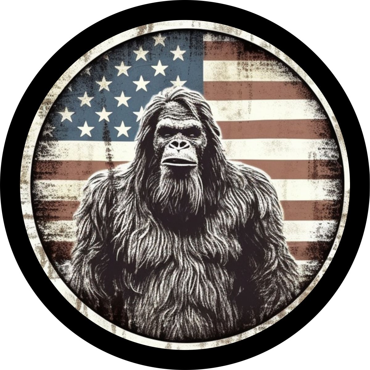 Turn of the 20th century style graphic design of a Sasquatch spare tire cover with an American Flag background.