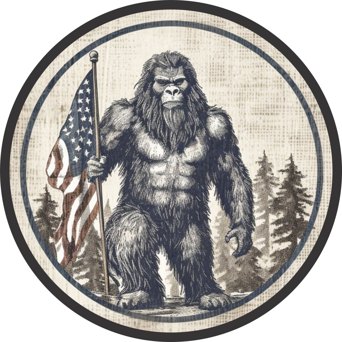 Sasquatch spare tire cover design meant to look like a sketched drawing of bigfoot standing in the forest holding an American flag.