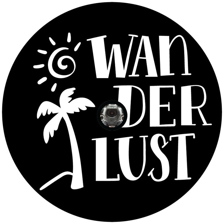 Mockup example of a black vinyl spare tire cover and a design that says wanderlust and a simple sun and palm tree graphic in white and a center hole for spare wheels that have backup cameras