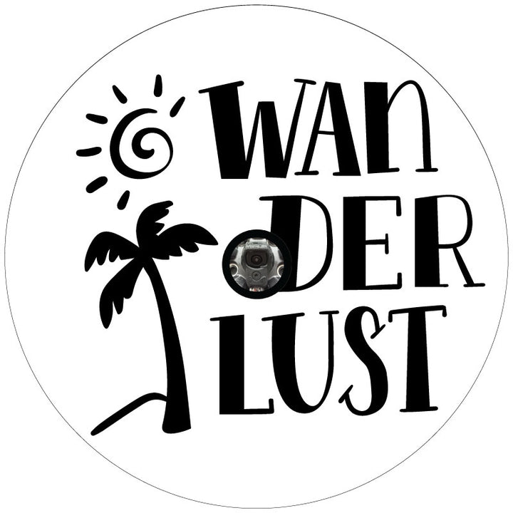 Mockup example of a white vinyl spare tire cover and a design that says wanderlust and a simple sun and palm tree graphic in black and a center hole for spare wheels that have backup cameras