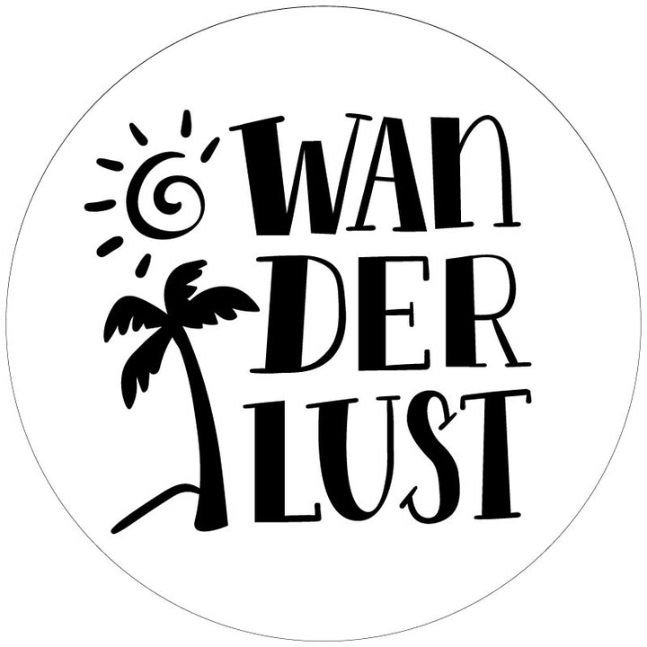 Mockup example of a white vinyl spare tire cover and a design that says wanderlust and a simple sun and palm tree graphic in black