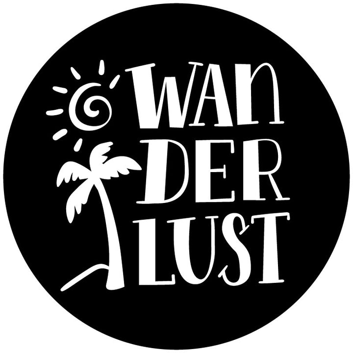 Mockup example of a black vinyl spare tire cover and a design that says wanderlust and a simple sun and palm tree graphic in white.