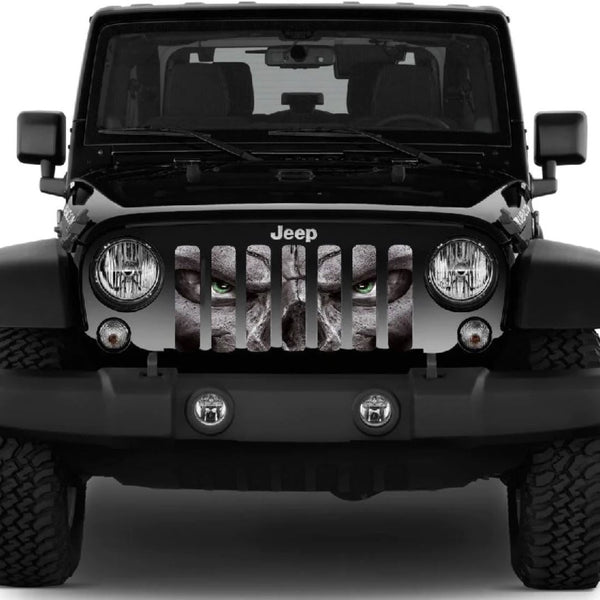 Skeleton with green eyes Jeep grille insert design on a black Jeep