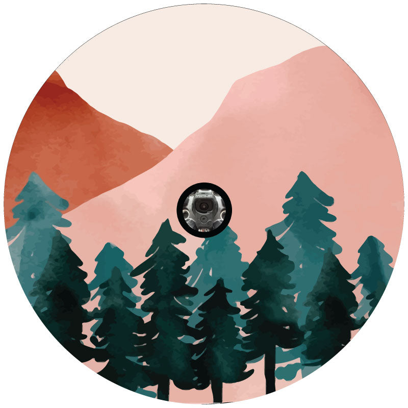 Brick and teal green jewel tone watercolor designed mountain landscape mockup of a spare tire cover with a backup camera for a camper, RV, Jeep, Bronco, trailer, van, and more