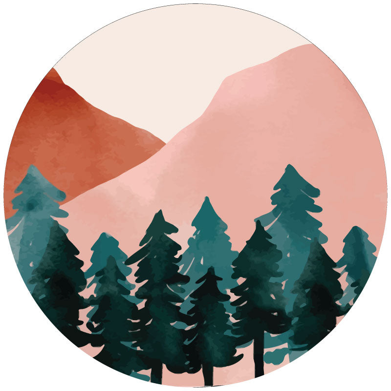 Brick and teal green jewel tone watercolor designed mountain landscape mockup of a spare tire cover for a camper, RV, Jeep, Bronco, trailer, van, and more.