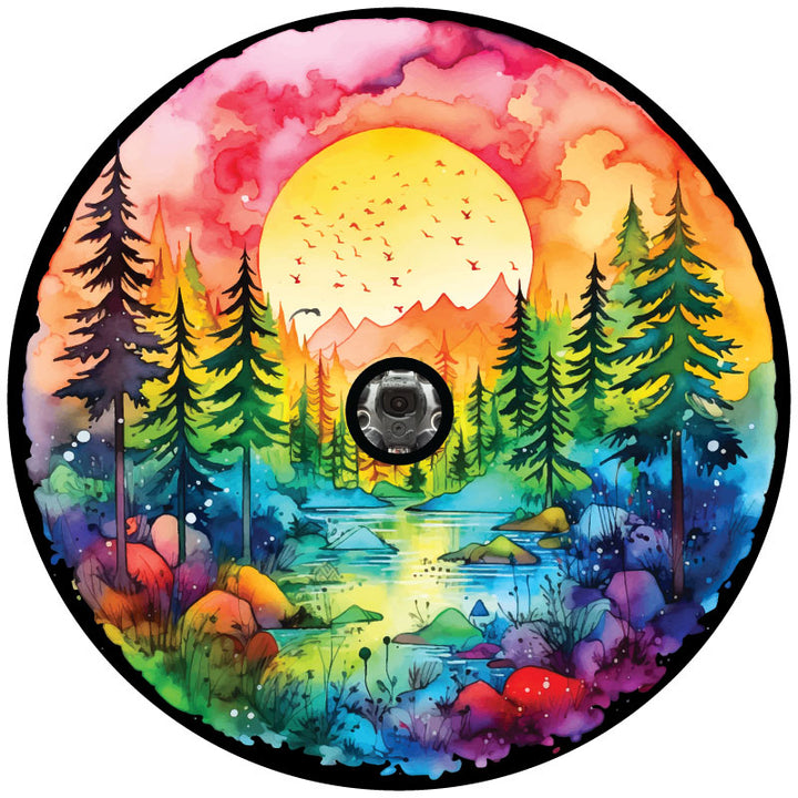 Multi color landscape design spare tire cover for spare wheel with backup camera hole. Landscape of a lake, mountains, forest, and a big sun with birds flying. Watercolor design spare tire cover for Jeep, Bronco, RV, camper, and more..