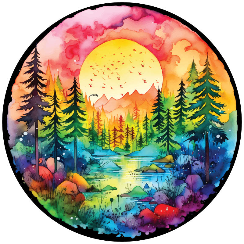Multi color landscape design spare tire cover. Landscape of a lake, mountains, forest, and a big sun with birds flying. Watercolor design spare tire cover for Jeep, Bronco, RV, camper, and more. 