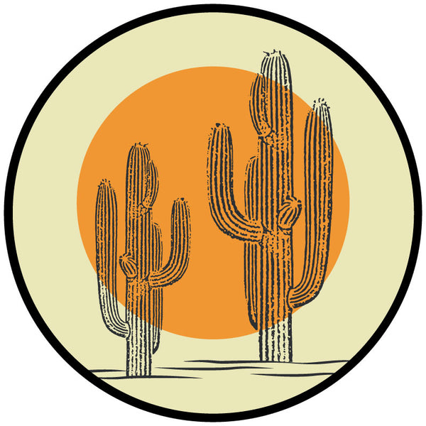 Two hand drawn cactus graphic designs with a big orange circle sun backdrop as a spare tire cover for RV, camper, Jeep, Bronco, or any other vehicle that needs to cover an external spare wheel 