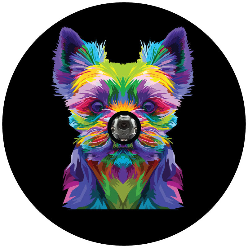 Multicolor pop art design of a yorkshire terrier or yorkie face set on a black circle backdrop and hole in the middle for a backup camera to display a spare tire cover design for a Jeep, Camper, RV, Van, Bronco, and more.