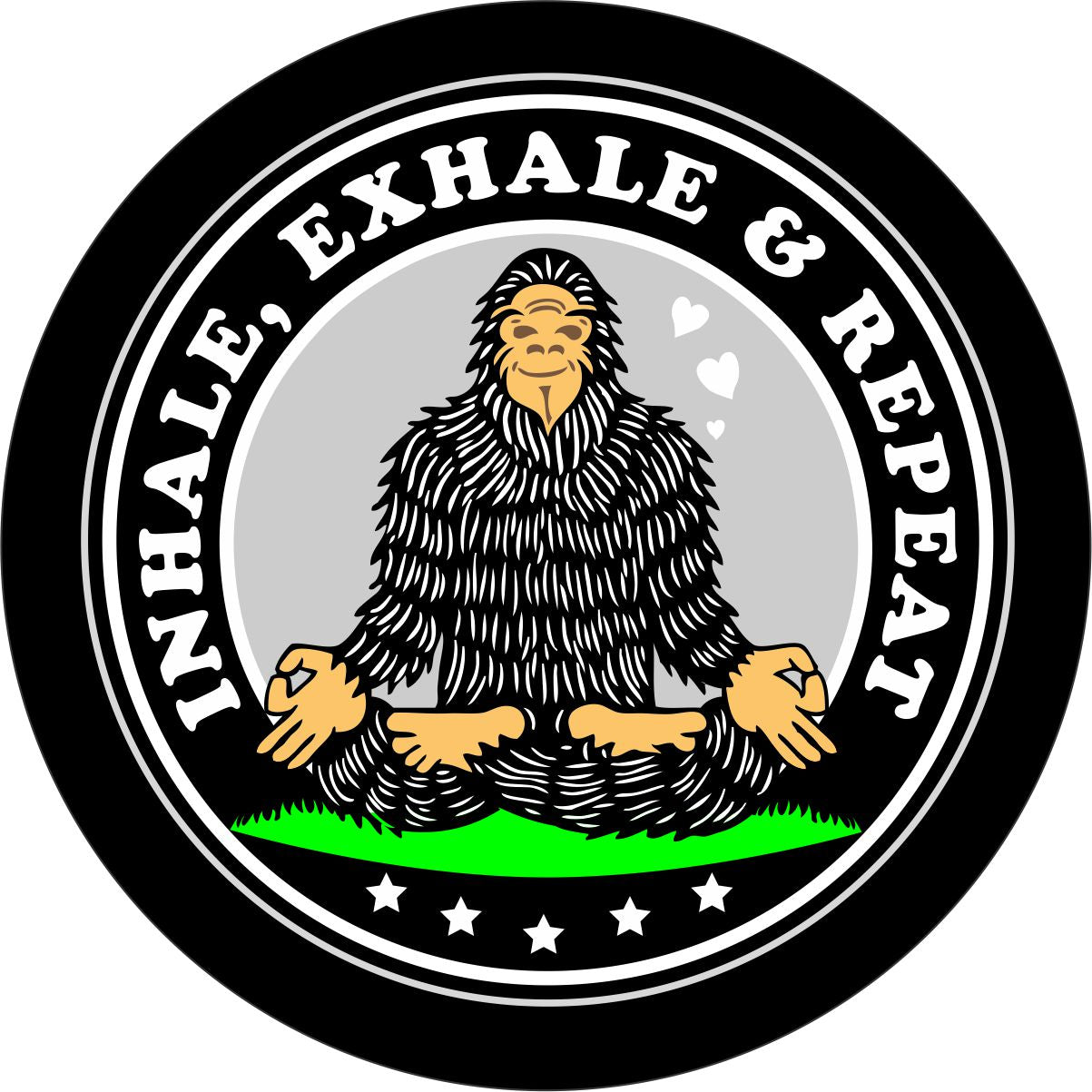 Sasquatch bigfoot taking some zen moments, meditating bigfoot doing inhale, exhale, repeat funny spare tire cover design for RV, Camper, Jeep, Bronco, etc. 