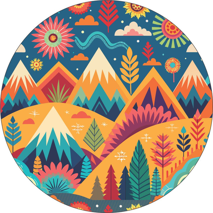 A mockup example of a colorful BOHO Ornamental Geometric Mountain Landscape Spare Tire Cover Design for an external spare wheel for any vehicle type.