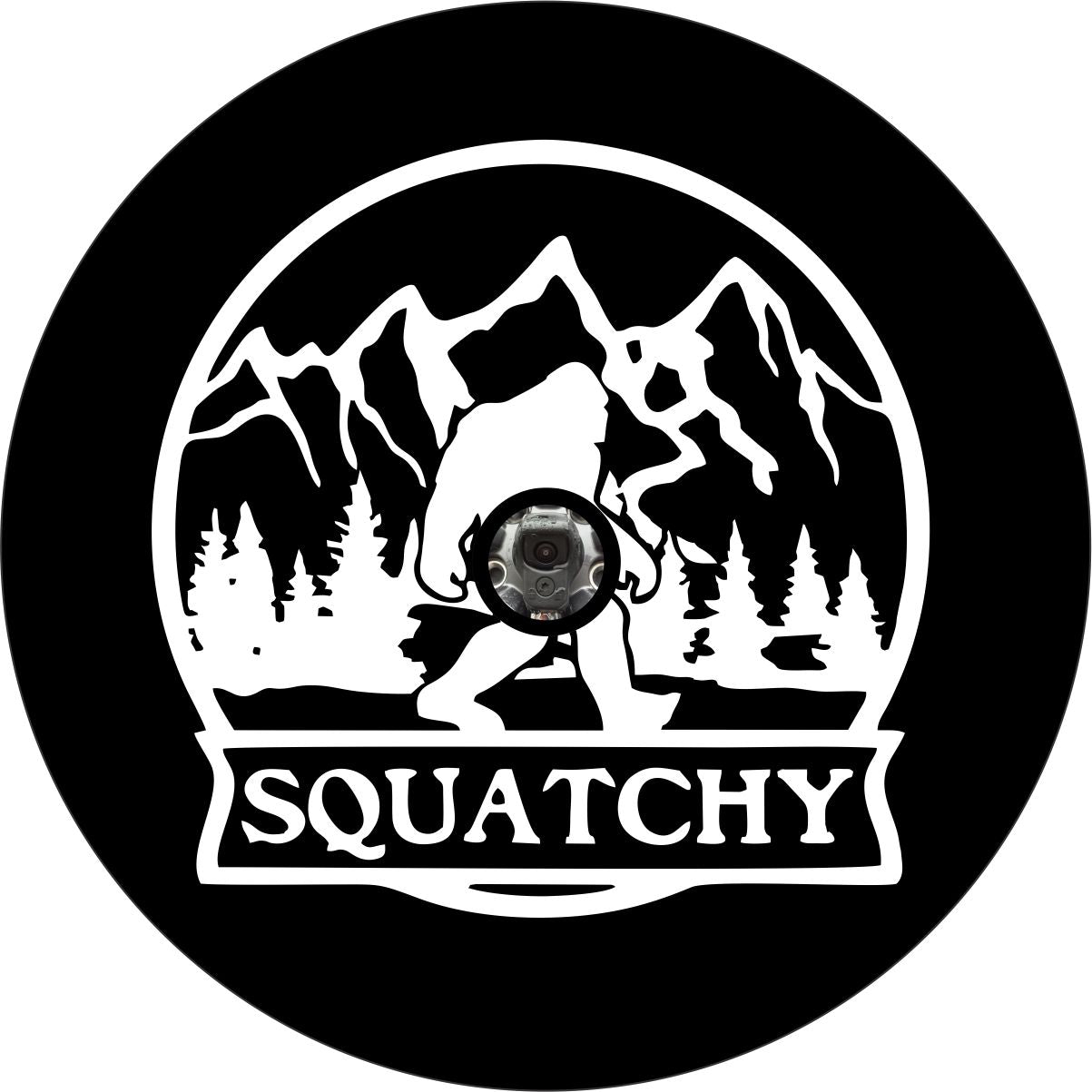 Spare tire cover design of a silhouette of sasquatch walking in the mountains with the word squatchy and a hole for a back up camera.