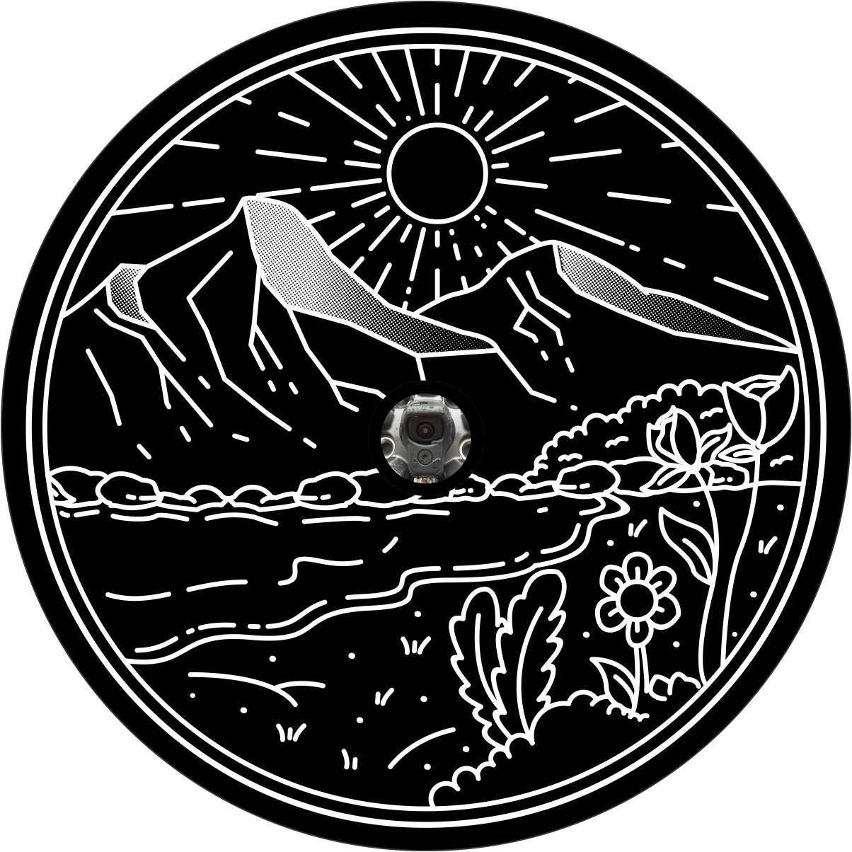 A cute, beautiful, and creative spare tire cover of a mountain landscape flowing down to a river and field of flowers with a center hole to accommodate a backup camera.
