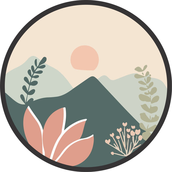 Pastel peachy pink florals and sunset plus soft teal mountain landscape mockup design for a vinyl spare tire cover. 