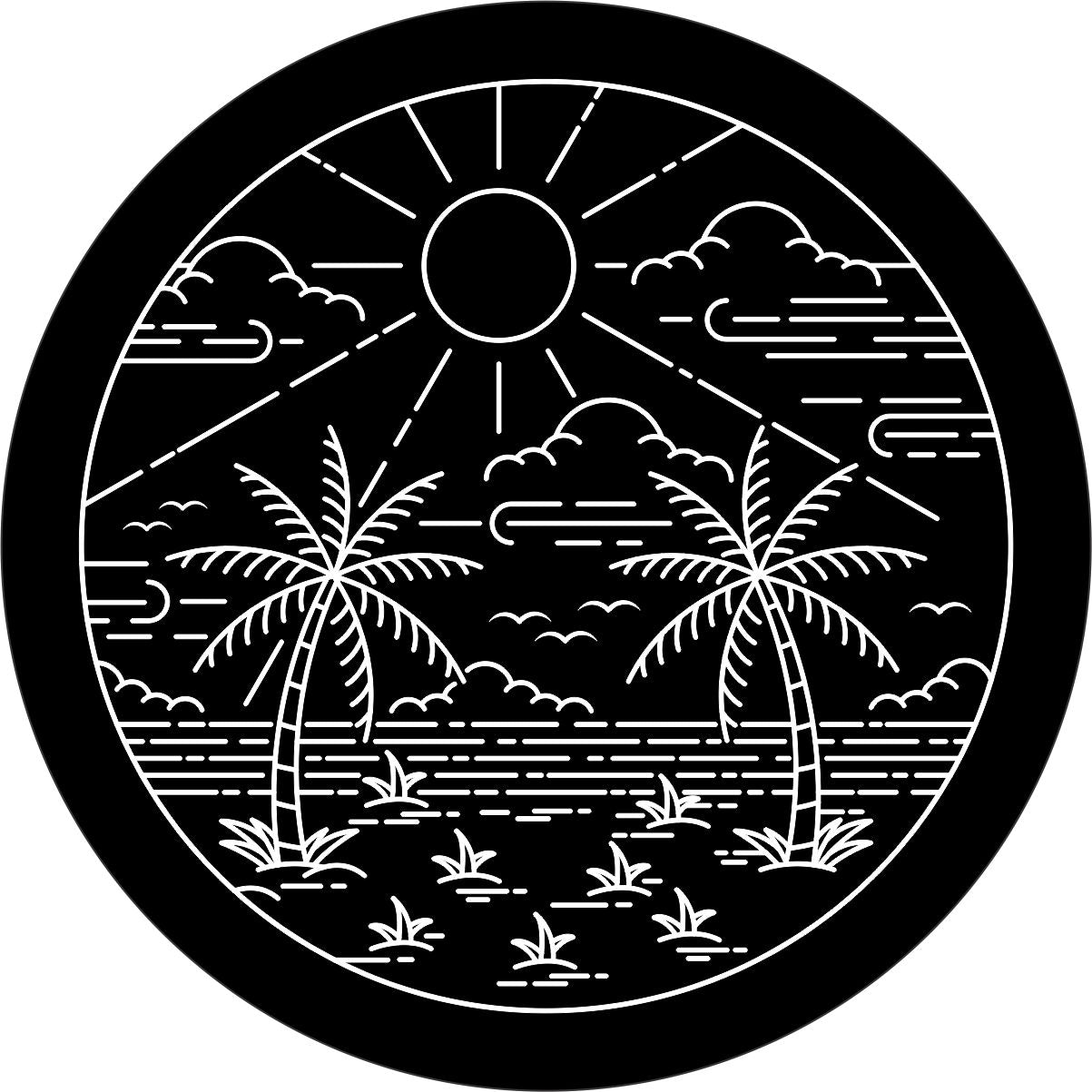 Black vinyl spare tire cover mock up design of a tropical beach made from white line art design. Sun shining down over the water and palm trees on the beach.