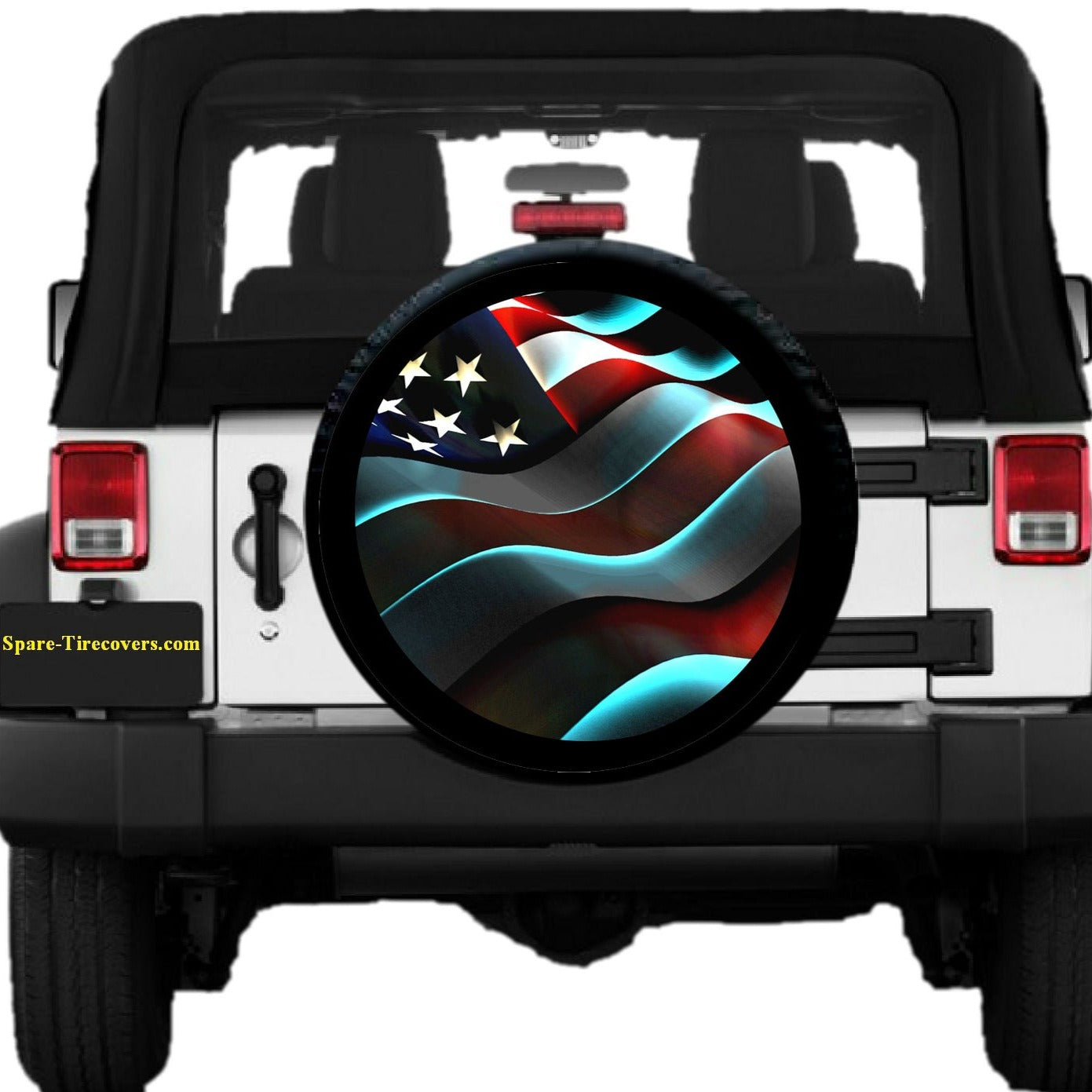 White Jeep Wrangler showcasing a mock up of a soft black vinyl spare tire cover design of a waving 3D American flag.
