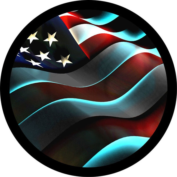 Flowy and waving American flag in red, white, and blue spare tire cover mock up on black vinyl.