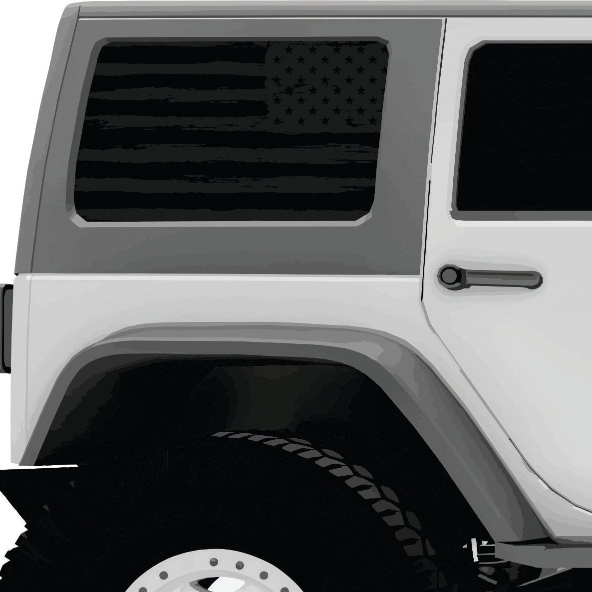 Rustic dark gray American flag decal window cling on a white Jeep Wrangler's back window.