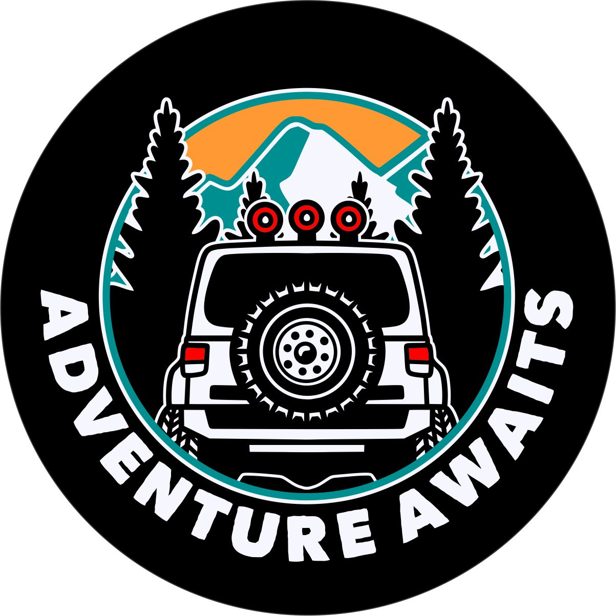 Spare tire cover design of the back side silhouette of a Jeep Wrangler driving into the mountains with the words adventure awaits below.