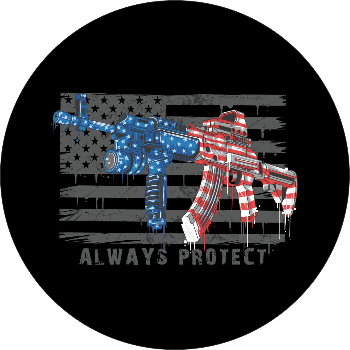Always protect American, freedom, and 2nd amendment spare tire cover design on black vinyl for Jeep, RV, camper, Bronco, and more.