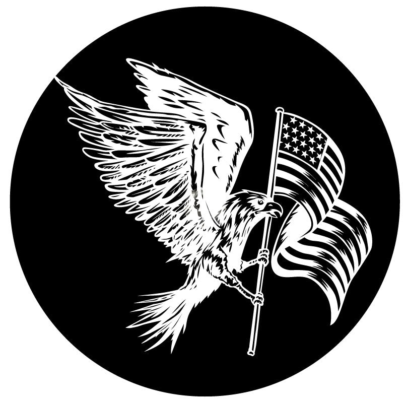 A spare tire cover design for a Jeep, Bronco, RV, Camper, Trailer, and more with an American eagle flying with the American flag in its claws. Designed for black vinyl tire cover.