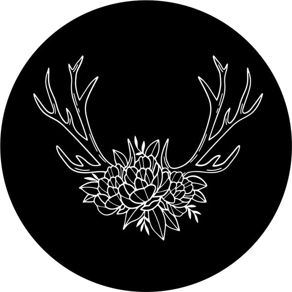 An outline image of deer antlers designed with floral bits and flowers for a spare tire cover