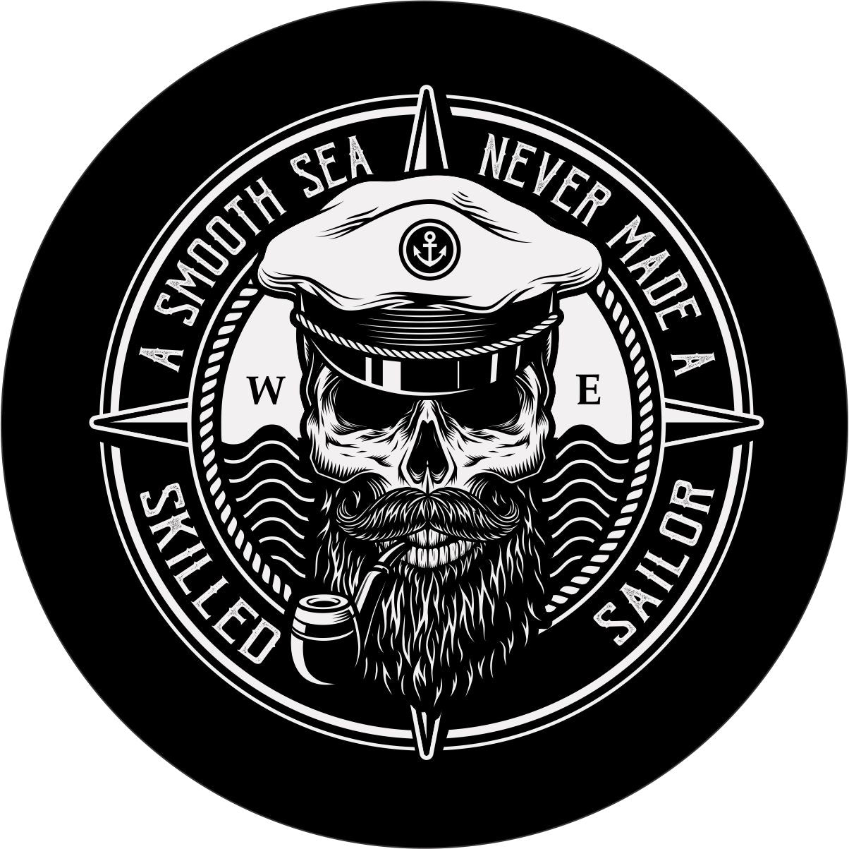 Unique spare tire cover design with a skull wearing a captains hat smoking a pipe and a compass style background with the saying a smooth sea never made a skilled sailor on the edge. Custom wheel cover that's made to order for any make and model vehicle.